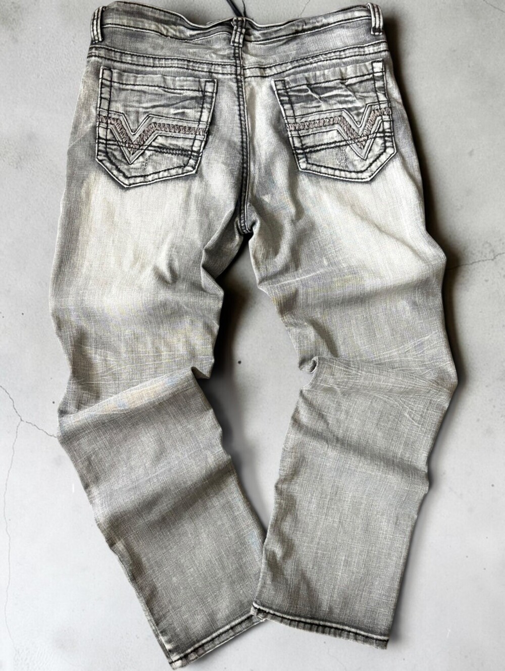 Y2K Helix Distressed Slim Straight Faded Gray Jeans 2000s Grunge 33x30 Stitched